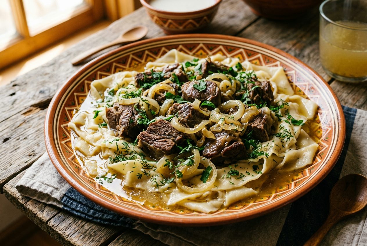 Beshbarmak — traditional Kazakh feast dish