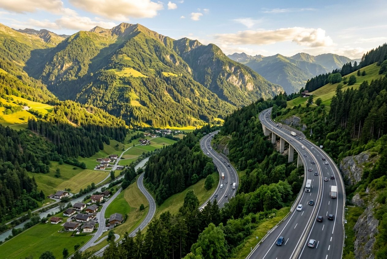Österreichische Autobahn mit Alpenlandschaft
