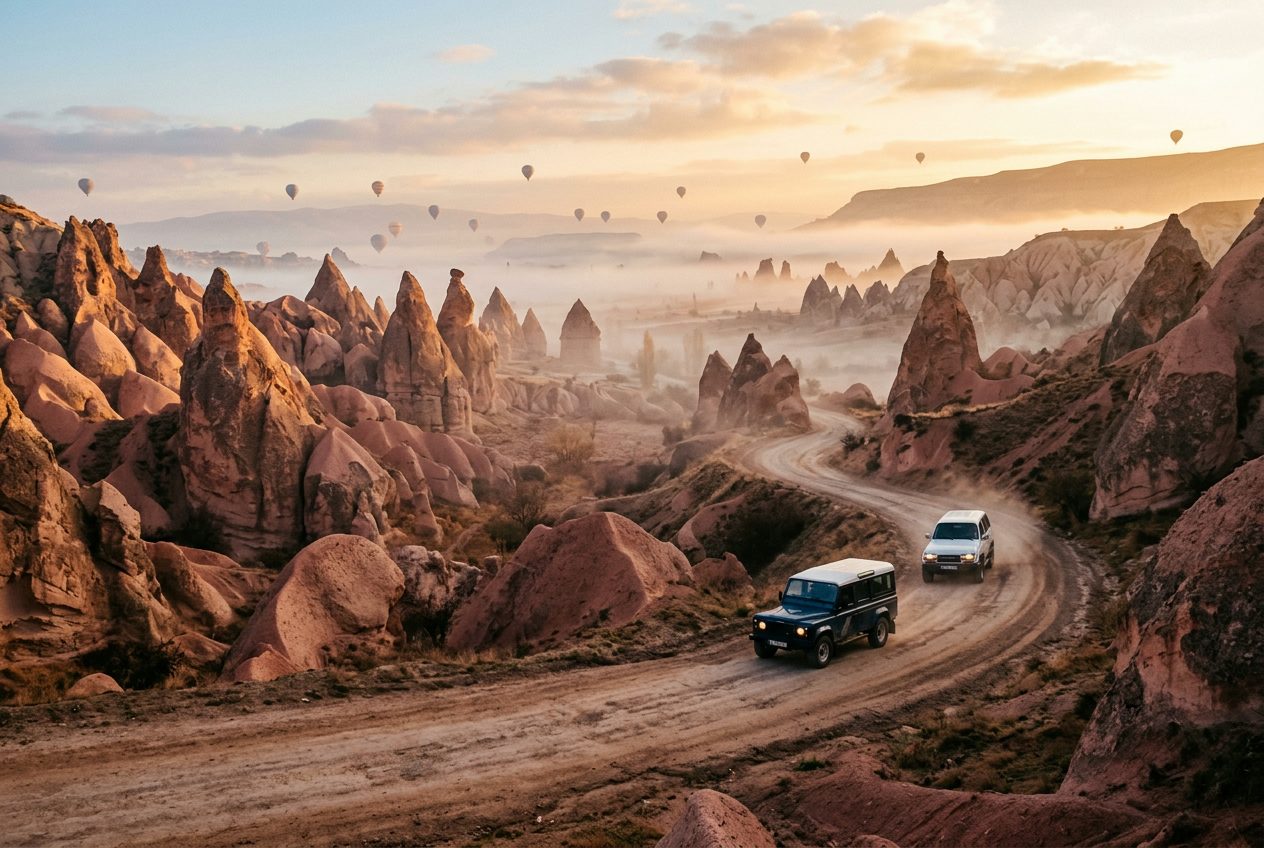 Cappadocia off-road circuit through fairy chimneys at dawn