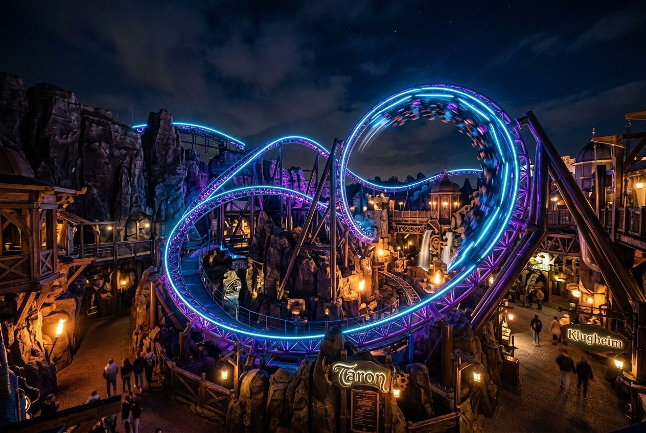 Phantasialand bei Nacht mit beleuchteter Achterbahn