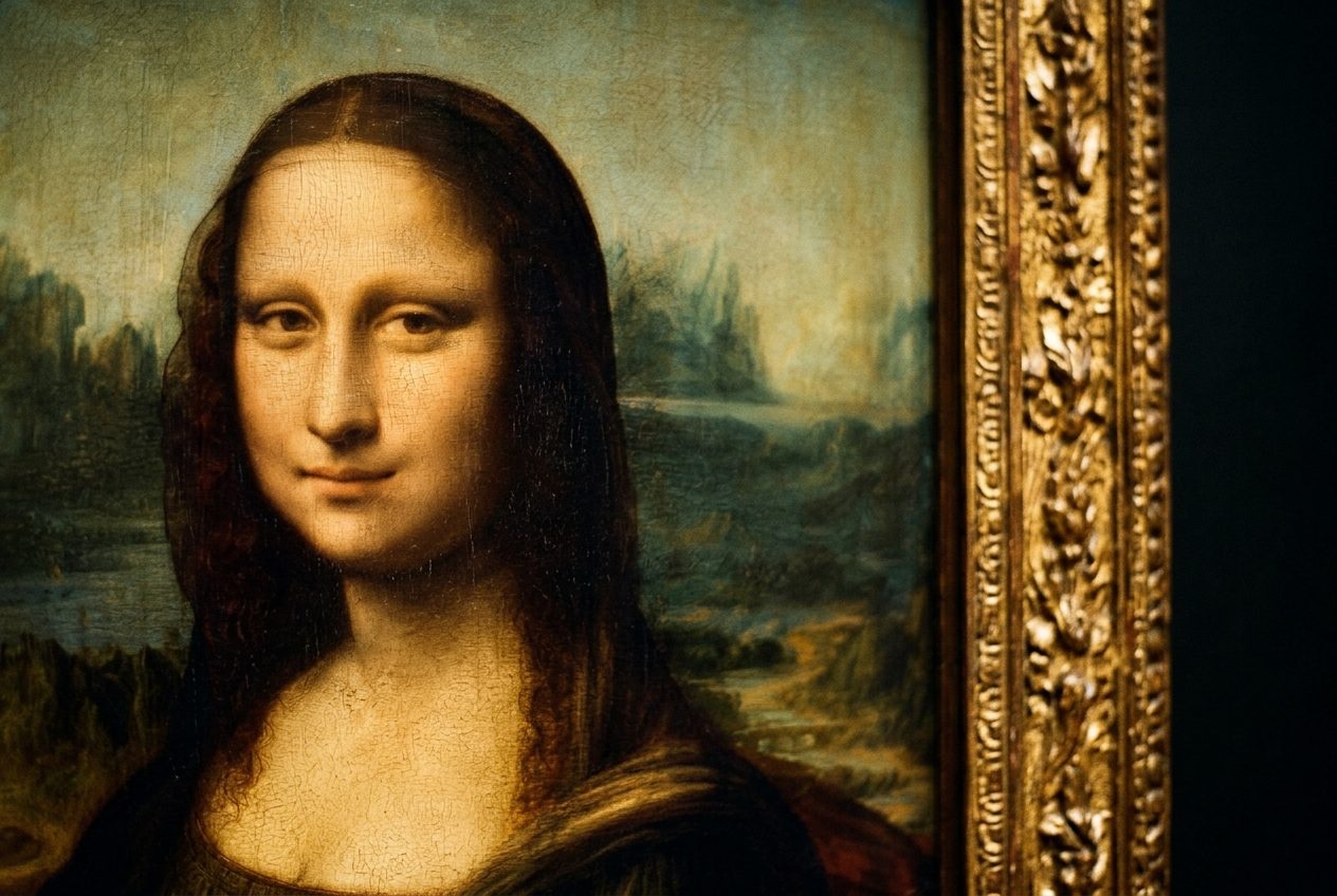 Mona Lisa detail in warm museum light