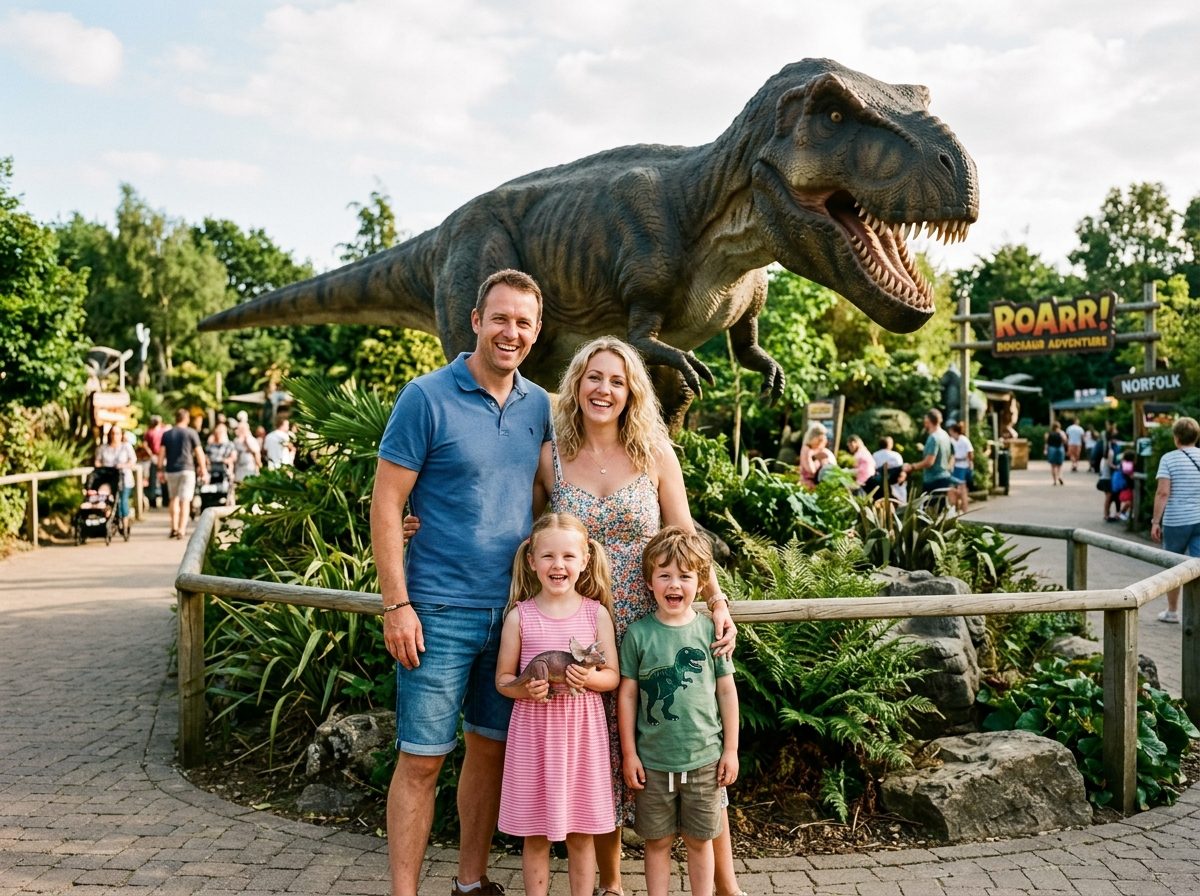 Family with dinosaur exhibit