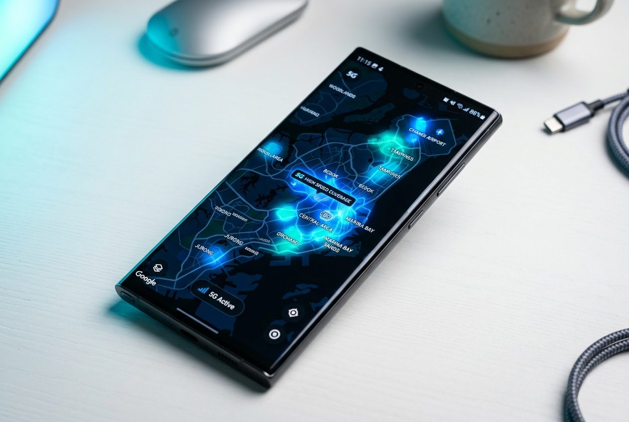 5G smartphone with Singapore coverage map