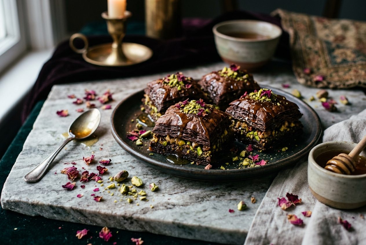 Dark Chocolate Baklava with Pistachio & Rose Honey