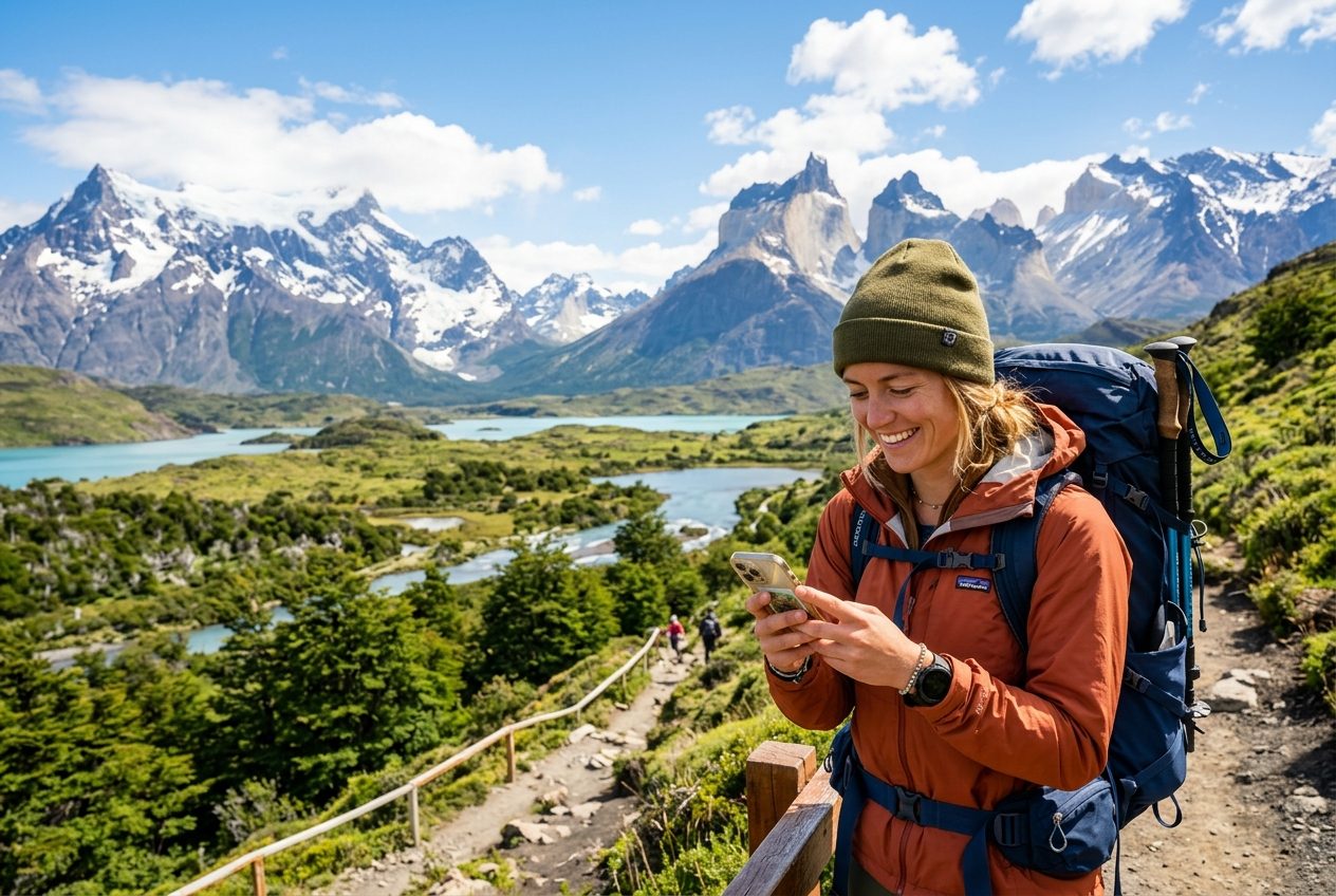 Turista usando móvil en Chile