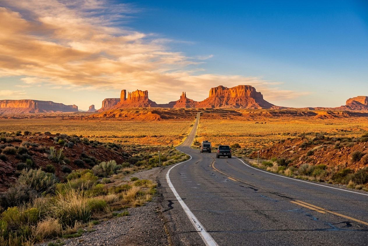 Desert highway winding toward red rock buttes at golden hour