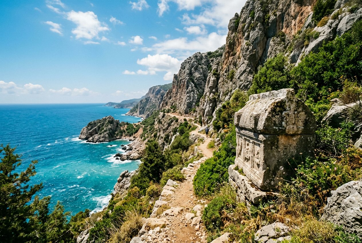 Lycian clifftop trail with sea views and ancient tombs