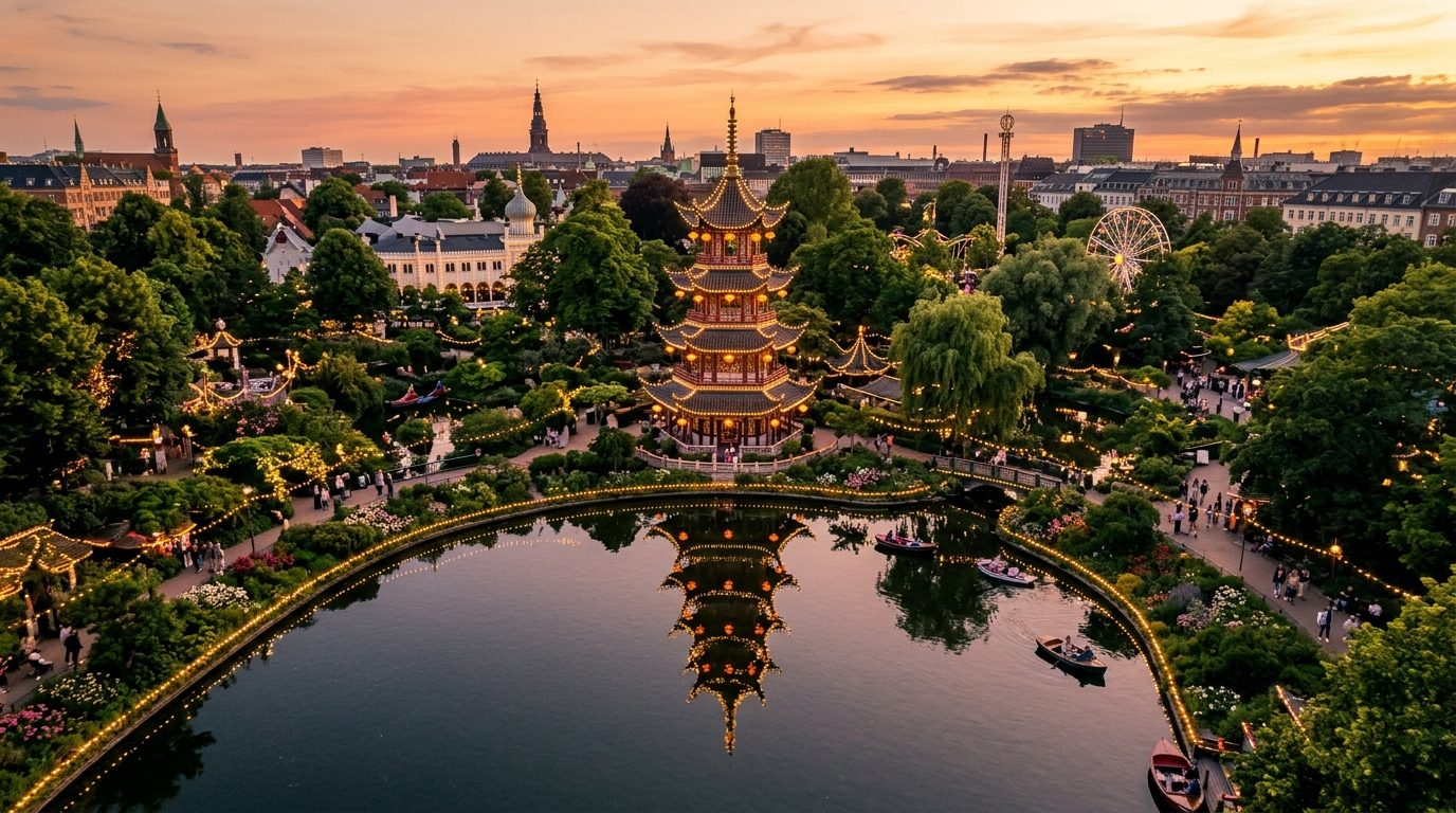 Tivoli Gardens pagoda lake at golden hour